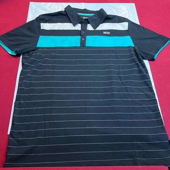 Mini Cooper BLACK Polo Shirt GRAY STRIPES Aqua white wide stripes COTTON mens Lg - Picture 1 of 12